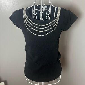 Cache Y2k/90s Black Sweater Short Sleeve Beaded Pearl Knit Top Size S Silk